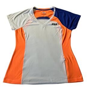 FILA Short Sleeve V-Neck Color Block Top with Front Pocket Size L Workout Gym